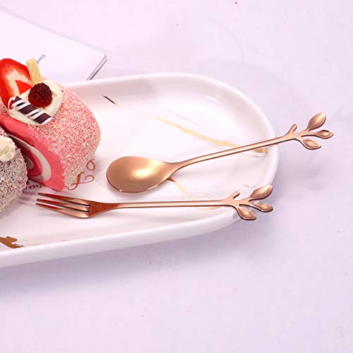 Stainless Steel Rose Gold Leaf Coffee Cake Spoon Fork-Ansaw 10Pcs 4.7 Creative Tableware Dessert Spoons, Stirring, Mixing, Sugar